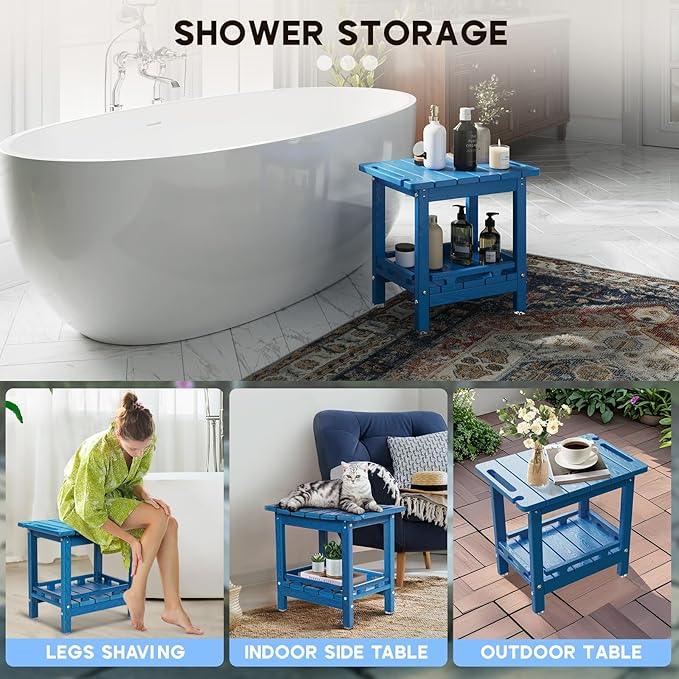nalone Shower Bench, HDPE Shower Benches for Inside Shower, Small Shower Chair Seat for Shaving Legs with Storage Shelf & Handles, Indoor and Outdoor Use (Navy Blue) - ModernBath