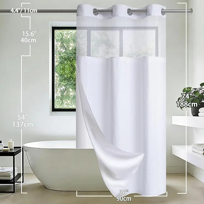 Conbo Mio Stall No Hook Waffle Weave Shower Curtain with Snap in Liner Set, Hotel Luxury White Shower Curtains for Bathroom with See Through Top Window, Waterproof, Washable 36W x 74H - ModernBath