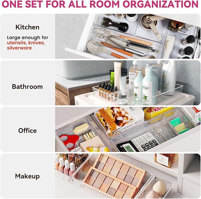 Criusia Large Drawer Organizer Bins 26 Pack | Complete 5 Size Clear Plastic Kitchen Drawer Organizers for Utensils | Bathroom Drawer Organizer Trays | Versatile for Makeup Office Organization - ModernBath