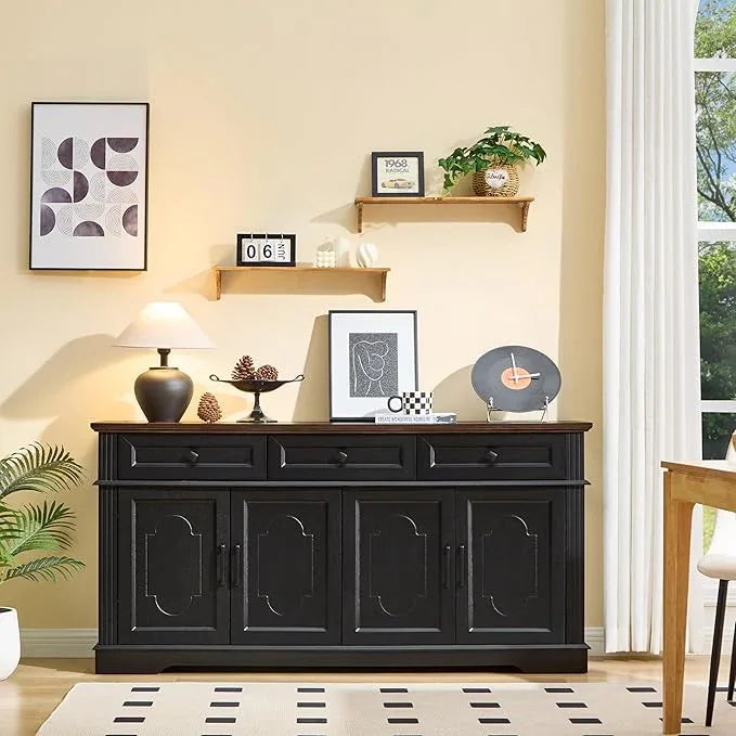 63" Black Buffet Sideboard Cabinet with 4 Doors and 3 Drawers, Modern Farmhouse Kitchen Storage Cabinet, Coffee Bar Cabinet with Adjustable Shelves, Kitchen Living Room Storage, Dining Room - ModernBath