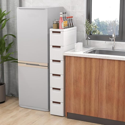 LOKO 6-Drawer Narrow Storage Cabinet, Slim Rolling Cart, Mobile Plastic Cart Container with Pull Handles, Built-in Wheels, for Living Room, Kitchen, Bathroom, Office (7.5"x16.5"x43" (6 Drawer))