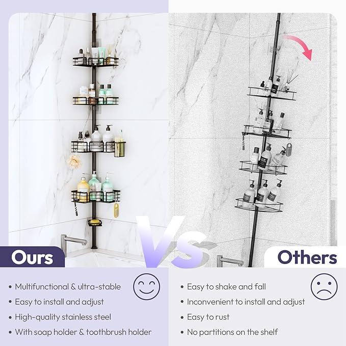 SWTYMIKI Shower Caddy Tension Pole - 4-Tier Corner Shower Organizer Tension Rod with Soap Holder, Toothbrush Holder & 4 Hooks, Adjustable Stainless Steel Bathroom Organizer 27.6 to 108.3 inch, Black - ModernBath