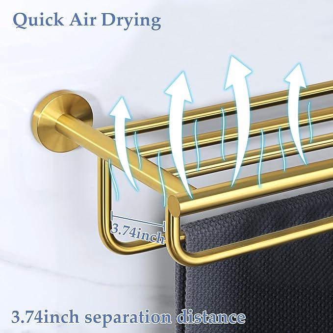 Alise 24 inch Towel Shelf with Double Towel Bars,Towel Rack for Bathroom,SUS 304 Stainless Steel Wall Mount Towel Holder Storage,Brushed Gold,GYT7060-G - ModernBath