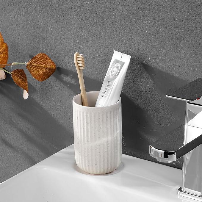 BSDISP Toothbrush Holders - 2 Cup Ceramic Toothbrush Toothpaste Holders Set, Beige Bathroom Tumbler Cups Reusable Toothbrush Mouthwash Cup, Bathroom Counter Organizer - ModernBath