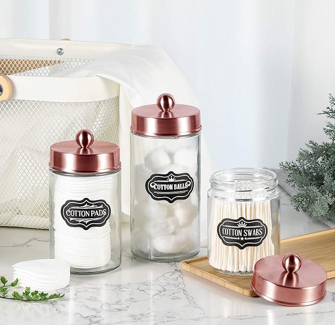 Apothecary Jars 3 Pack - Glass Bathroom Containers with Stainless Steel Lids - Rustic Farmhouse Decor Bathroom Accessories, Vanity Organizer Apothecary Jars for Qtip/Cotton Balls (Rose Gold) - ModernBath