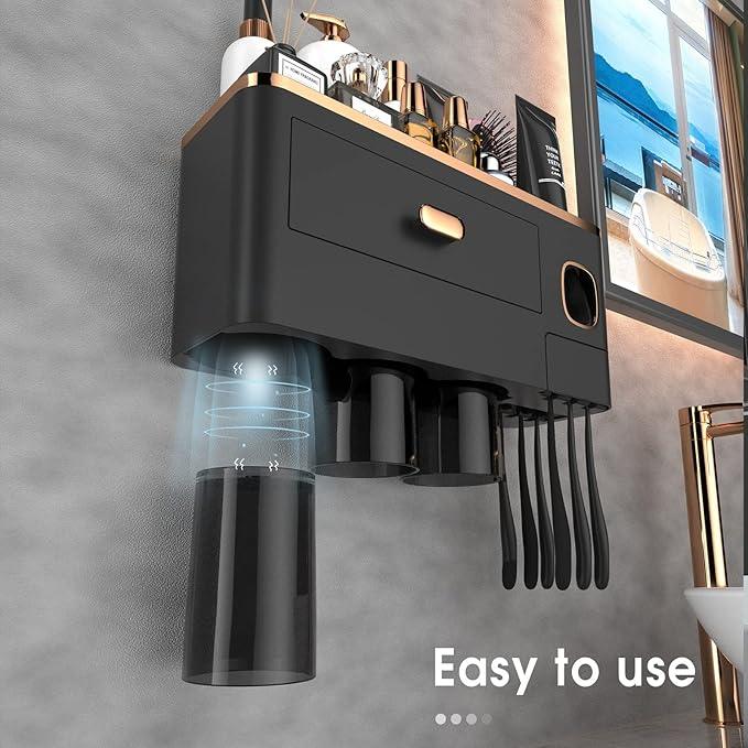 iHave Toothbrush Holders Wall Mounted with Toothpaste Dispenser & 3 Cups - Luxury Black and Gold Design for Bathroom Decor, All-in-One Bathroom Organizers & Storage for Toothbrushes and Accessories - ModernBath