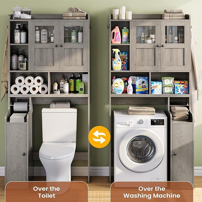 Itaar Over The Toilet Storage Cabinet, Over Toilet Bathroom Organizer with Glass Doors & Toilet Paper Holder Stand, Home Space-Saving Toilet Rack, for Bathroom, Restroom, Laundry, Grey - ModernBath