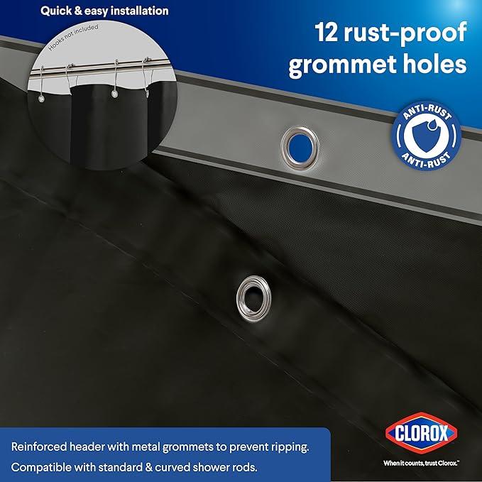 CLOROX Shower Curtain Liner, Premium Medium Weight Flexible Waterproof 6g PEVA for Bathroom with Weighted Magnets, Standard Size 72" x 72", Black 1 Pack - ModernBath