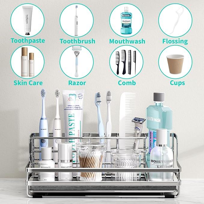 HapiRm Toothbrush Holders for Bathroom - 5 Partitions Bathroom Counter Organizer with Instant Drying Stone, Stainless Steel Countertop Storage Electric Toothbrush Toothpaste Holder - Silver - ModernBath