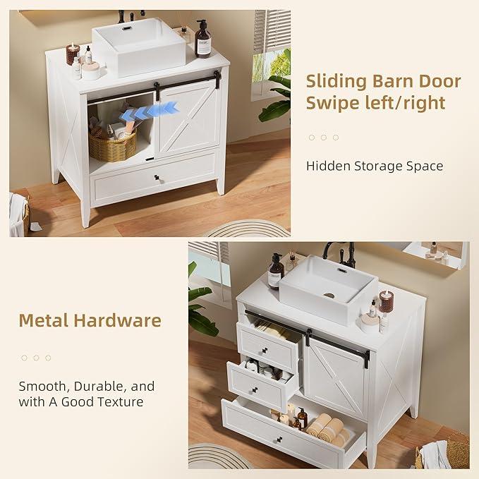 VNN Bathroom Vanity with Sink - 36 Inch Bathroom Vanity with Sink Ceramic, Freestanding Cabinet with Farmhouse Sliding Barn Door and 3 Drawers, Space-Saving Storage Cabinet, Wood Grain Texture, White - ModernBath