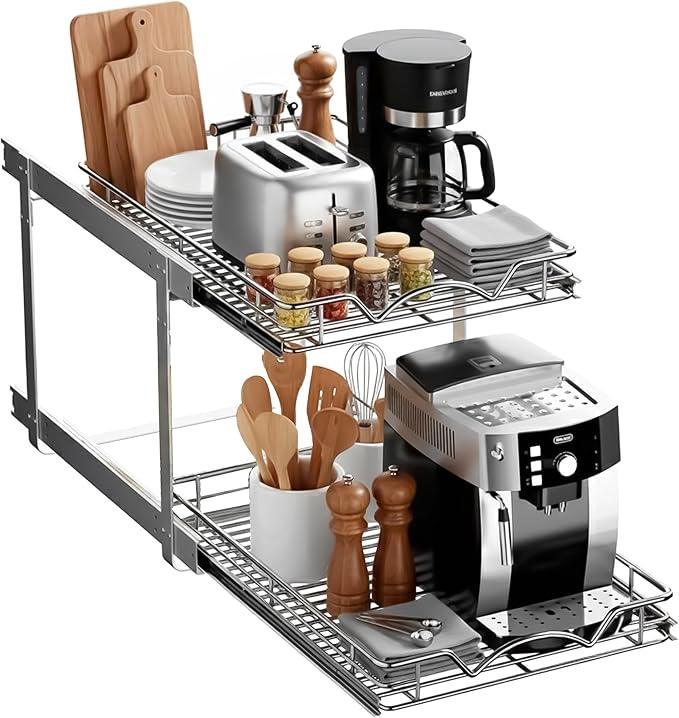 HOLDN’ STORAGE Two Tier Pull Out Cabinet Organizer, Individual Sliding Drawers - Heavy Duty Metal with Lifetime Limited Warranty - Anti Rust Chrome Finish - 17" W x 21”D x 16.5" H - ModernBath