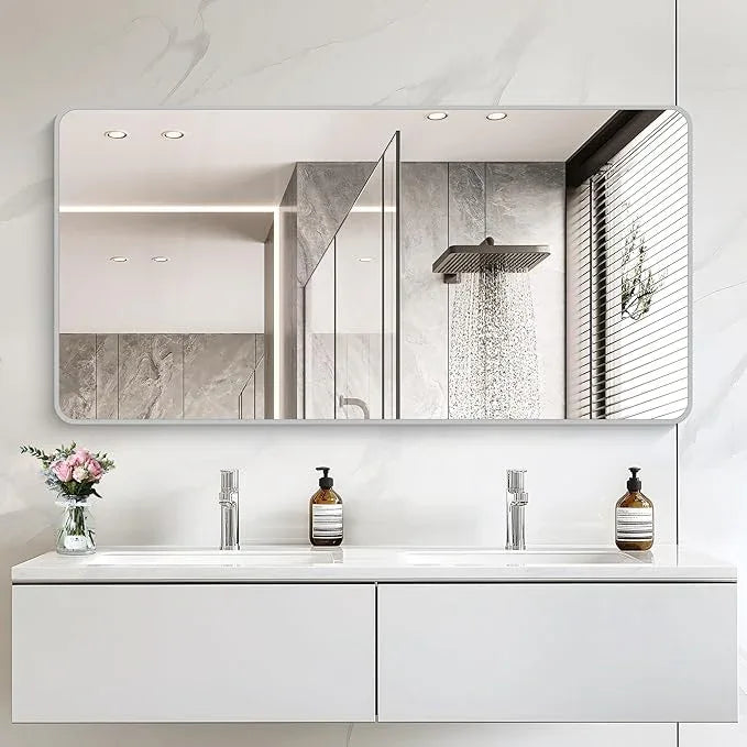 CIVENO 30x60 Inch Silver Bathroom Mirror, Large Rectangular Vanity Mirror, Metal Framed Rectangle Mirror, Rounded Corner Wall Mounted Mirrors for Living Room Bedroom Entryway Horizontal or Vertical - ModernBath
