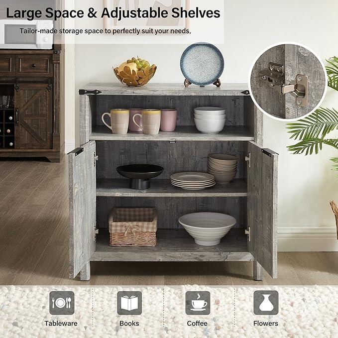 Buffet Cabinet with Storage - Modern Farmhouse Rustic 32 Fluted Sideboard Storage Cabinet Buffet with Adjustable Shelves, Coffee Wine Bar Organizer for Dining Room (Grey) - ModernBath
