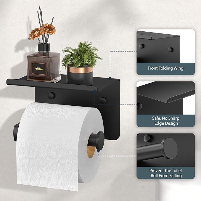 FORIOUS Toilet Paper Holder with Shelf, Adhesive or Screw Wall Mount Toilet Paper Roll Holder for Bathroom, SUS 304 Stainless Steel Commercial Toilet Tissue Holder with Storage Dispenser, Matte Black - ModernBath
