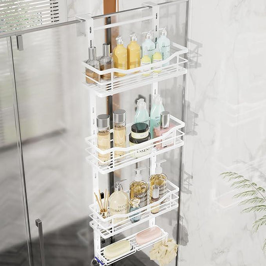 SWTYMIKI Over the Door Shower Caddy - 4 Tier Adjustable Shower Organizer Hanging with Soap Holder, No Drilling Stainless Steel Bathroom Rack Hanging for Body Wash, Shampoo, Soap, Razor, White - ModernBath