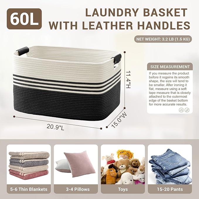60L Large Laundry Basket with Leather Handles for Living Room Storage, Woven Rope Baskets Bin for Blanket, Kids Toy, Gifts, Wicker Hamper for Bedroom Dirty Clothes, 21"x15"x11" White Black - ModernBath