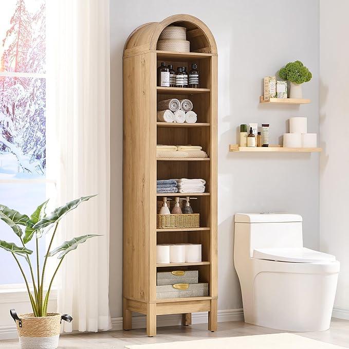 71" Tall Arched Bathroom Storage Cabinet, 8-Tier Modern Farmhouse Storage Cabinet with Adjustable Shelves, Wood Freestanding Cabinet for Bathroom, Living Room, Entryway, Hallway (Natural) - ModernBath