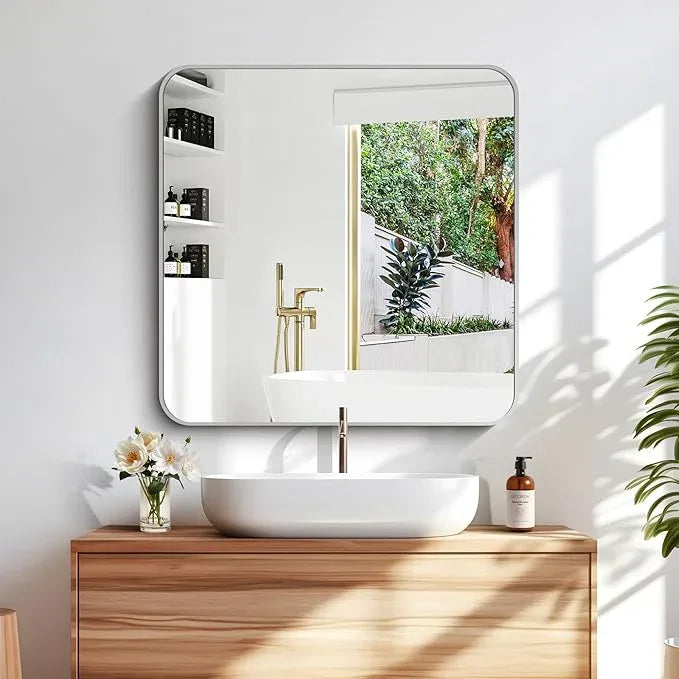 DESBING 30" x 30"Bathroom Mirror, Silver Wall Mirror with Metal Frame, Decorative Rectangular Vanity Mirror for Bedroom Bathroom Living Room Entryway (Horizontal/Vertical) - ModernBath
