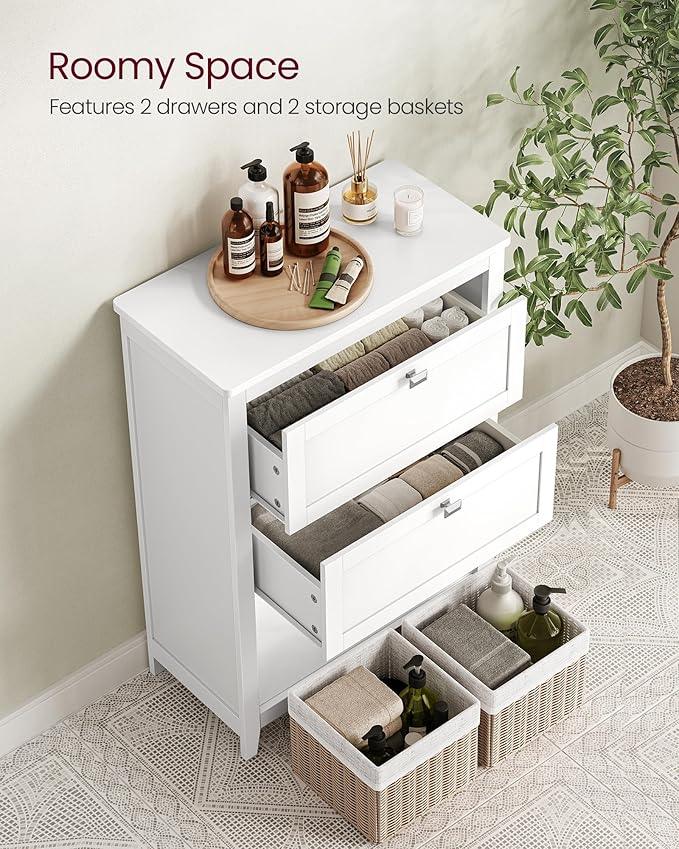 VASAGLE Storage Cabinet, Freestanding Floor Cabinet, 2 Drawers with 1 Set of Adjustable Divider, 2 Baskets, Sideboard, 11.8 x 23.6 x 31.5 Inches, for Bathroom, Living Room, Cloud White UBBC545W02 - ModernBath
