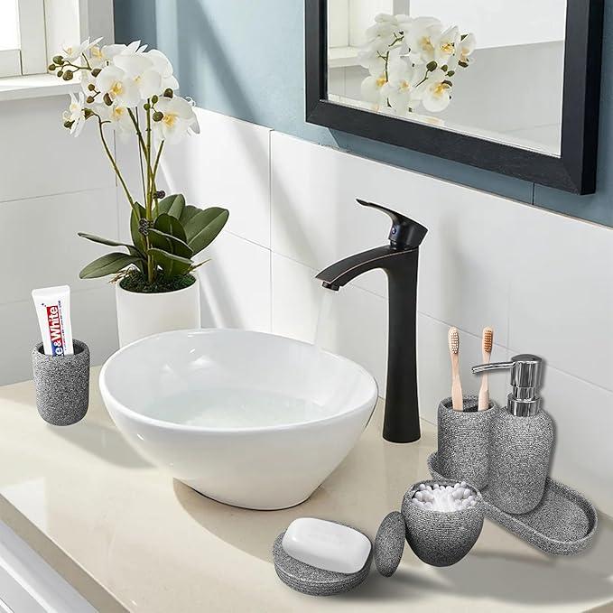 Bathroom Accessory Set, 6PCS Gray Bathroom Accessories - Soap Dish, Lotion Dispenser, Toothbrush Holder, Mouthwash Cup, Tray, Cotton Ball Jar, Aesthetic Decor Bathroom Sets - ModernBath