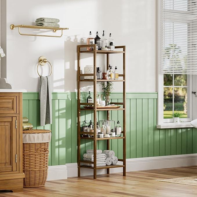 HITNET Bamboo Book Shelf, Tall Narrow Bookcase, Bathroom Shelving Unit 5 Tier Floor Standing Adjustable Bookshelf for Small Spaces, Walnut - ModernBath