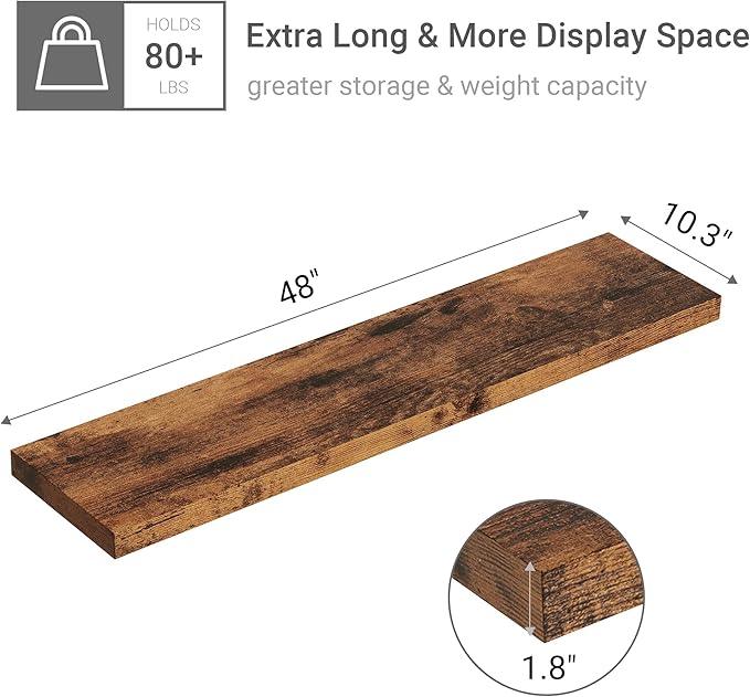 Vivelove Farmhouse Single Floating Shelves for Wall 48 in x 10.3in x 1.8in, Large Wall Long Shelves Heavy Duty 80 lbs for Bedroom, Living Room, Kitchen, Office, Rustic Shelf Book Home Decor, Brown - ModernBath