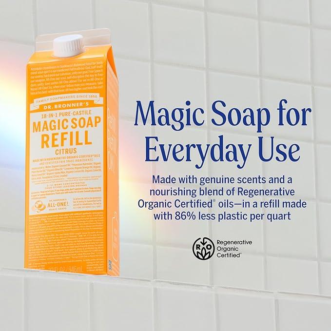 Dr. Bronner's Magic Soap-Pure-Castile Liquid Refill (Citrus, 32 ounce, 2-Pack) - Made with Regenerative Organic Certified Oils, For Body, Hair, Laundry, Pets & Dishes - Concentrated, Vegan, Non-GMO - ModernBath