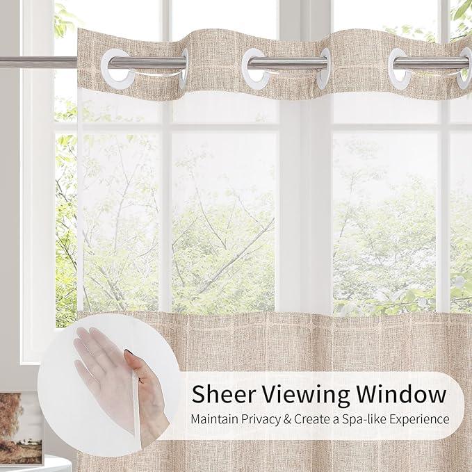 MitoVilla No Hooks Required Farmhouse Shower Curtain with Snap-in Liner - with Window & Magnets, Boho Cotton Linen Fabric Shower Curtains with Tassels for Rustic Bathroom Decor, Tan/Taupe, 72 x 74 - ModernBath