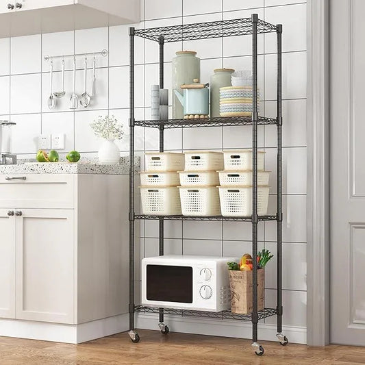 Homdox Heavy Duty 4-Tier Metal Shelving Unit with Adjustable Shelves, Rolling Storage Rack for Kitchen, Garage, Pantry, 29.92"x13.98"x74.41", Black - ModernBath