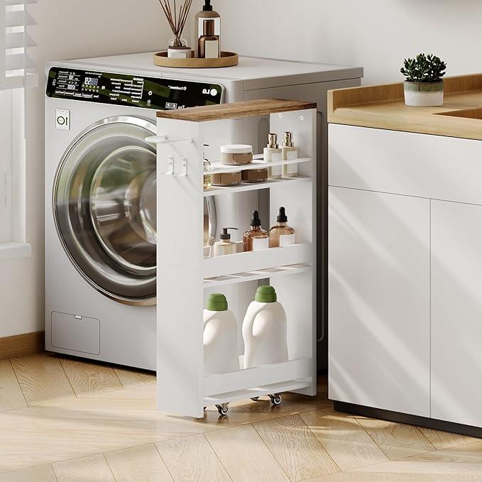 ChooChoo 4-Tier Slim Storage Cart with Handle, 5.51" W Rolling Utility Cart on Universal Wheels, Kitchen Cart Mobile Shelving Organization for Laundry Room, Bathroom & Narrow Place (Walnut & White) - ModernBath