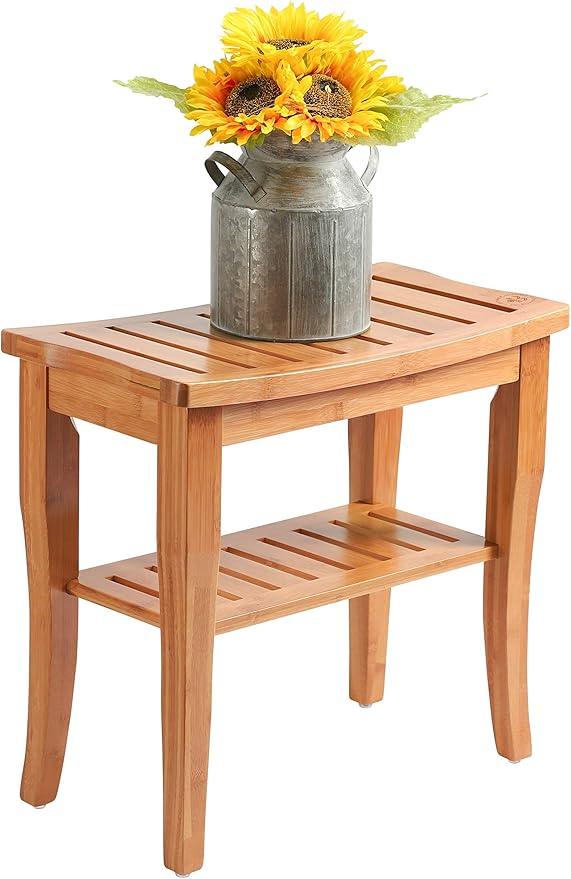 Bamboo Shower Bench - Small Wooden Shower Stool with Storage Shelf, Non-Slip Bathroom Seat, Spa Decor Bath Bench, Foot Rest Shaving Stool for Shower, Indoor Outdoor Use, Great Gift Idea (17" x 9 x 17) - ModernBath