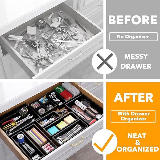SpaceAid 14-Piece Bamboo Drawer Organizer Storage Boxes Set, Wood Tray Junk Drawer Organizers Multi-Use Divider Bins for Kitchen, Bathroom, Office Desk and Makeup Organization (14 Pack, Black) - ModernBath