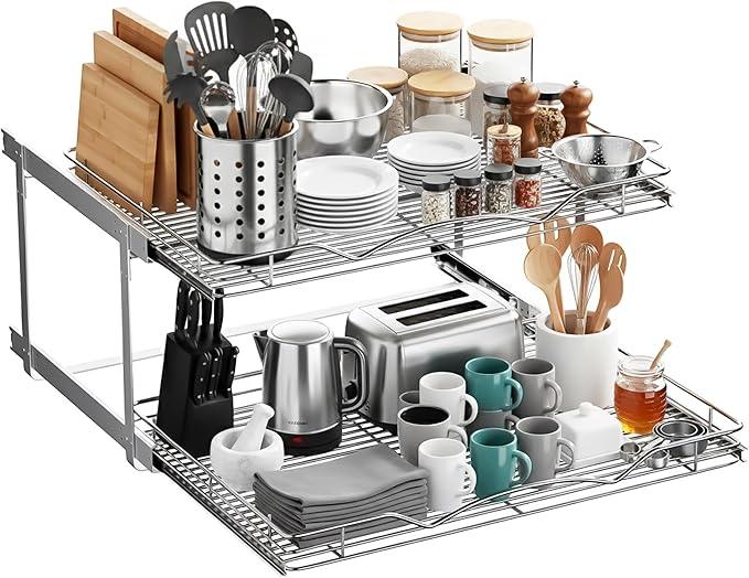 HOLDN’ STORAGE Two Tier Pull Out Cabinet Organizer, Individual Sliding Drawers - Heavy Duty Metal with Lifetime Limited Warranty - Anti Rust Chrome Finish - 30" W x 21”D x 16.5" H - ModernBath