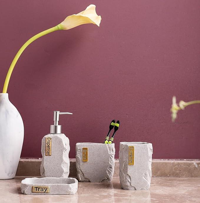 Hymmah Bathroom Accessories Set,Marble Design Toothbrush Holder,Farmhouse Bathroom Decor,4 Pcs Resin Gift Set Apartment Necessities, Contain Toothbrush Cup,Soap Dispenser,Soap Dish,Tumbler - ModernBath