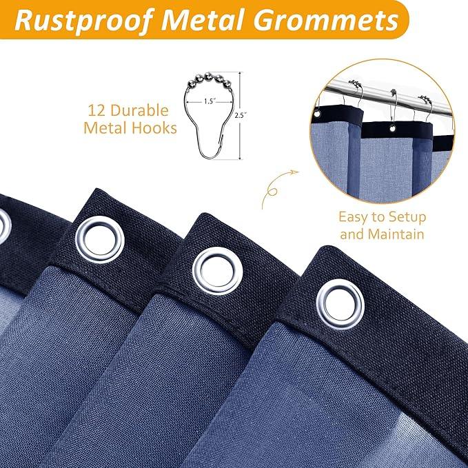 Naturoom Navy Blue Linen Shower Curtain with Fabric Liner Set Rustic Style Modern Farmhouse Shower Curtains for Bathroom 200GSM Burlap Cloth Double Bath Curtains with See Through Top Window 72x72 - ModernBath