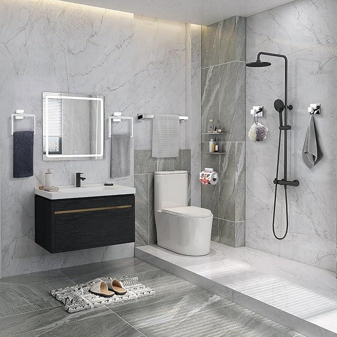 TQKAG 6-Piece Bathroom Towel Bar Sets Polished Chrome 23.6 inch Towel Bar Stainless Steel Towel Ring Coat Hook and Toilet Paper Holder Bathroom Hardware Set Wall Mounted Bathroom Accessories Kit - ModernBath
