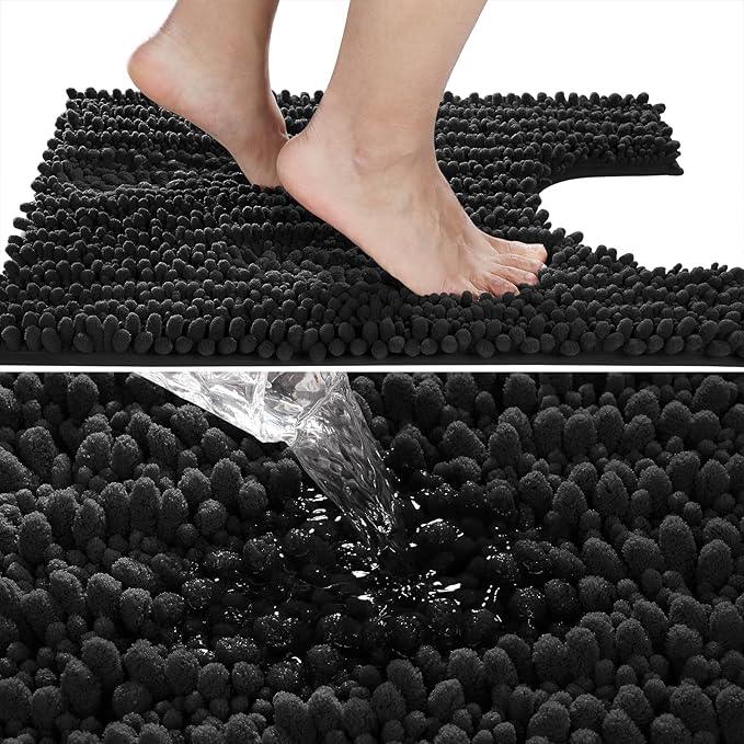 Yimobra Toilet Rug U Shaped Washable 24x20 Inch - Ultra Soft Absorbent Chenille Bath Rugs for Toilet, Quick Dry & Machine Washable, Non Slip Contour Bathroom Mat, Black - ModernBath