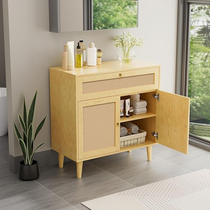 Storage Cabinet with Rattan Decor Doors & Drawer, Modern Bathroom Floor Storage Cabinet Organizer, Freestanding Cupboard for Kitchen/Living Room Use - ModernBath