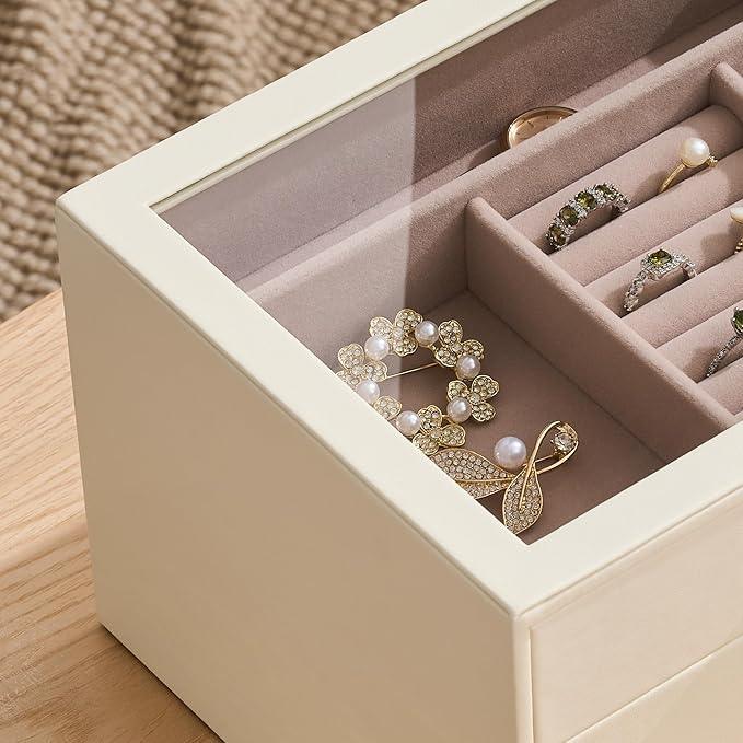 pickpiff Jewelry Box Organizer Case for Women: 3-Layer Jewelry Storage Case with Glass Window, Ivory Leather with Pink Velvet, Holder for Ring Necklace Bracelet Brooch Watch, Great Gift for Her - ModernBath