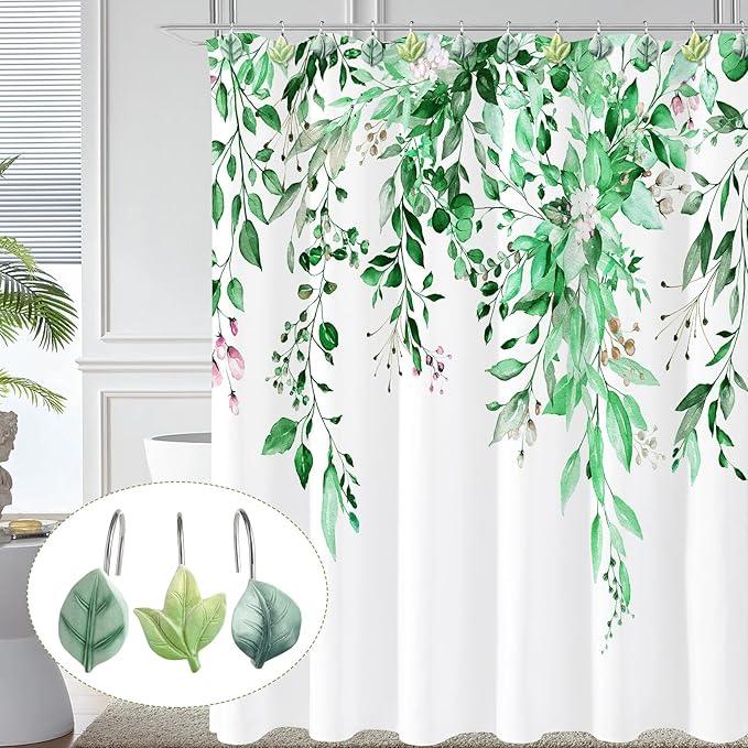 Gibelle 12PCS Leaves Shower Curtain Hooks, Green Plant Decorative Leaf Shower Curtain Hooks Metal Rustproof Cute Eucalyptus Shower Curtain Rings Bathroom Decoration Accessories - ModernBath