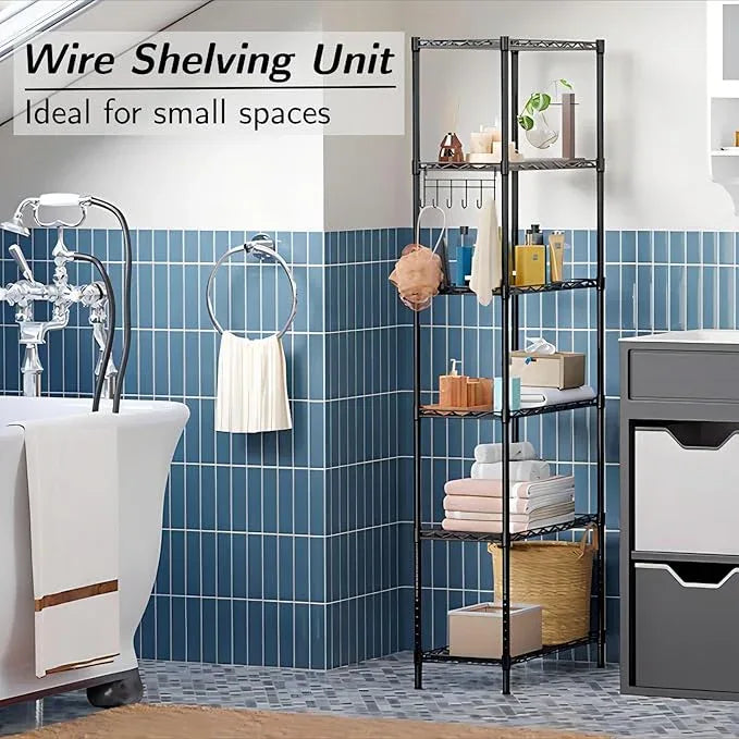 Homdox 6-Tier Storage Shelf Wire Shelving Unit Free Standing Rack Organization Adjustable Leveling Feet, Stainless Side Hooks, Black - ModernBath