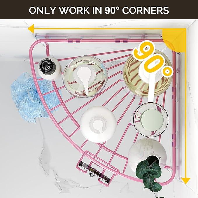 Orimade Corner Shower Caddy with 2 Hooks Wall Mounted Metal Bathroom Shelf Storage Organizer Adhesive No Drilling 2 Pack, Pink Only for 90-Degree Corner - ModernBath