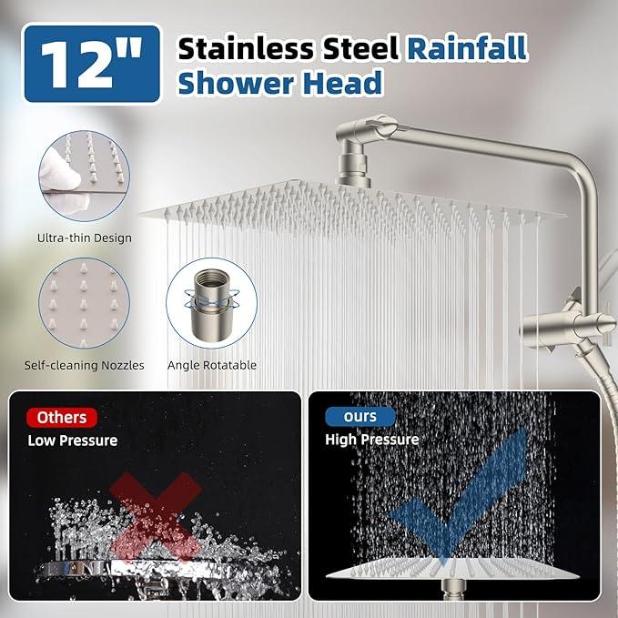 12" All Metal Shower Head, High Pressure 10-Spray Handheld Showerhead Rainfall Shower Head Combo with 11" Adjustable Shower Extension Arm, 71" Hose, Shower Head Holder, Brushed Nickel - ModernBath