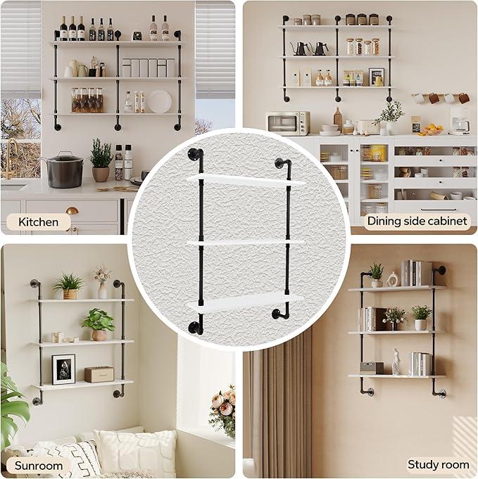 3-Tier Industrial Pipe Floating Shelf – Rustic 24 inch Wood Wall-Mounted Storage Shelf for Kitchen Office,Bathroom & Home Decor -White - ModernBath