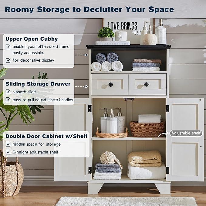 ACCOHOHO Bathroom Floor Cabinet, Farmhouse Storage Cabinet, 24" Wide Cabinet with Drawer, Adjustable Shelf, Barn Doors, Cabinets for Bathroom, Kitchen, Living Room, Off White - ModernBath