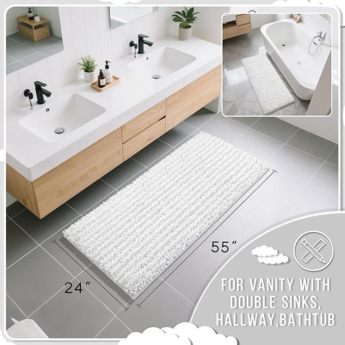 Yimobra Bathroom Runner Rug 55x24 Inch - Extra Long Non Slip Chenille Bath Mat, Soft & Absorbent, Machine Washable Shaggy Hallway Carpet for Vanity Tub Shower, White Home Decor Accessories - ModernBath