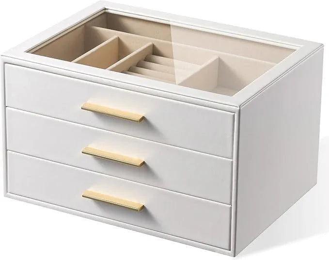 pickpiff Jewelry Box Organizer Case for Women: 3-Layer Jewelry Storage Case with Glass Window, Pure White Leather with Velvet Holder for Ring Necklace Bracelet Brooch Watch, Great Gift for Her - ModernBath