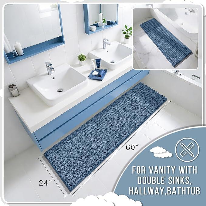 Yimobra Bathroom Runner Rug 60x24 Inch - Extra Long Non Slip Chenille Bath Mat, Soft & Absorbent, Machine Washable Shaggy Hallway Carpet for Vanity Tub Shower, Denim Blue Home Decor Accessories - ModernBath