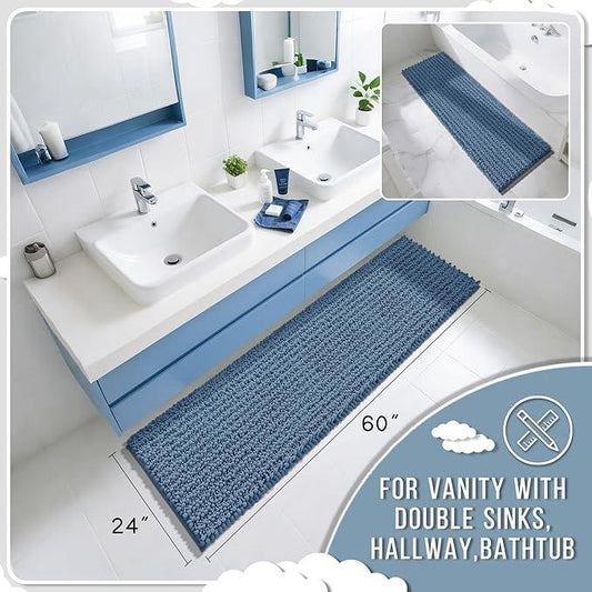 Yimobra Bathroom Runner Rug 60x24 Inch - Extra Long Non Slip Chenille Bath Mat, Soft & Absorbent, Machine Washable Shaggy Hallway Carpet for Vanity Tub Shower, Denim Blue Home Decor Accessories - ModernBath