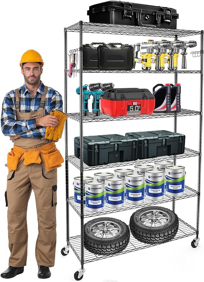 YNN Storage Shelves,2100Lbs 6 Tier Heavy Duty Metal Rolling Shelving Unit with Wheels & 8 Hooks, Adjustable Garage Wire Rack for Kitchen, Bathroom,Industrial,Pantry(36" W x 14" D x 72" H,Black) - ModernBath
